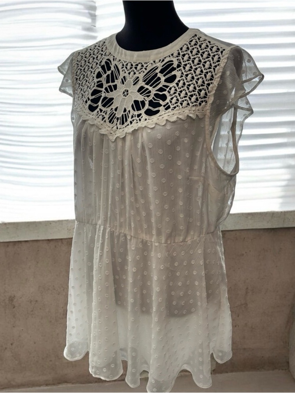 torrid White Swiss Dot Crochet Yoke Flutter Tunic